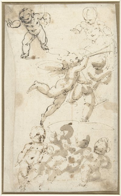 Putti en een zwevende engel door Guglielmo Caccia