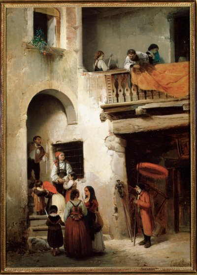 Laatste sacrament, een familie wacht buiten het huis van een stervende man door Guglielmo Castoldi