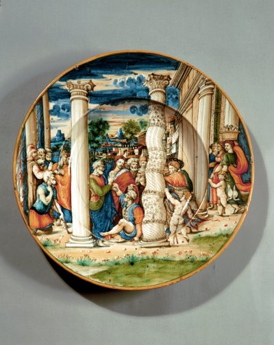 Schaal met afbeelding van St. Peter en St. John die de lamme man bij de Tempel genezen, ca. 1540-50 (maiolica) door Guido Di (workshop of) Merlino