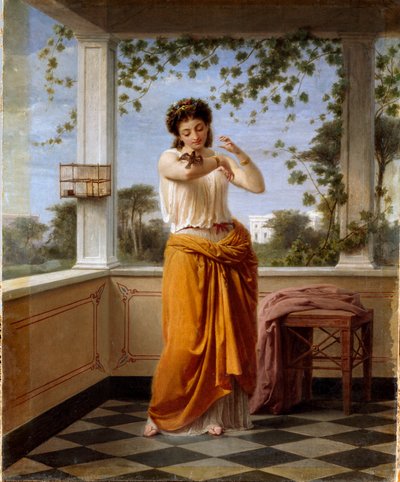 De vluchtelinge Jonge vrouw in een neoklassiek decor, een klein vogeltje ontsnapt uit zijn kooi en zit op haar arm. Schilderij door Guido Gonin (1833-1906) door Guido Gonin