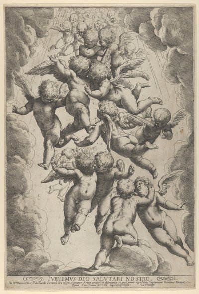 Een groep engelen die elkaar omarmen in de vlucht, omgeven door wolken door Guido Reni