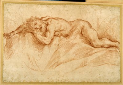 Een doodsbange naakte man, liggend op rotsachtige grond door Guido Reni