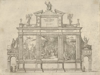 Gevel van een triomfmonument met drie scènes die de daden van paus Clemens VIII uitbeelden, een t..., 1598 door Guido Reni