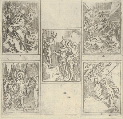 Vijf genummerde scènes, elk naar een schilder in de Accademia Degl