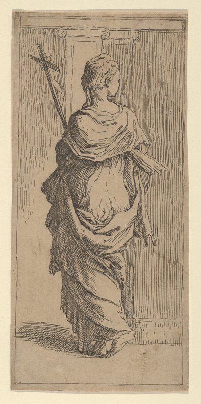 Meisje dat een kruis draagt en naar een pilaster stapt, van achteren gezien door Guido Reni