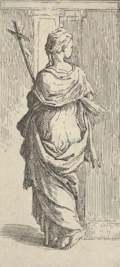 Meisje dat een kruis draagt en naar een pilaster stapt, gezien van achteren, ca. 1590-1600 door Guido Reni