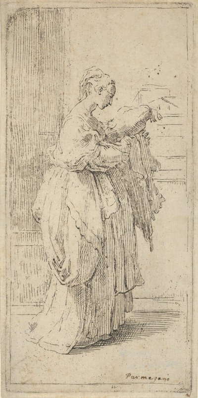 Meisje dat een kussen draagt, in profiel naar rechts gezien door Guido Reni