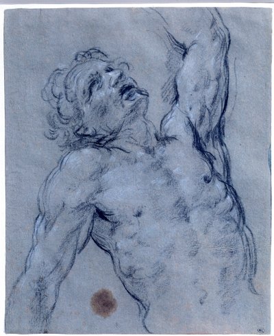 Halffiguur van naakte man, draait zich om, doet alsof hij lijdt Zwarte steentekening door Guido Reni genaamd De Gids (1573-1642) door Guido Reni