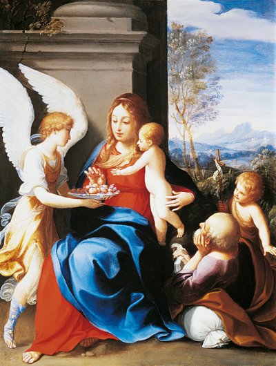 Heilige Familie bediend door engelen, door Guido Reni door Guido Reni