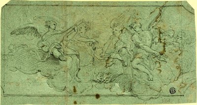 Muzikale engelen in wolken (recto); Zittende geestelijke (verso) door Guido Reni