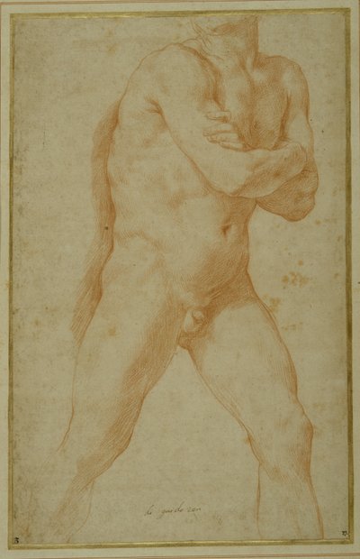 Naakte man die naar voren stapt, met gevouwen armen en kijkend over zijn rechterschouder door Guido Reni