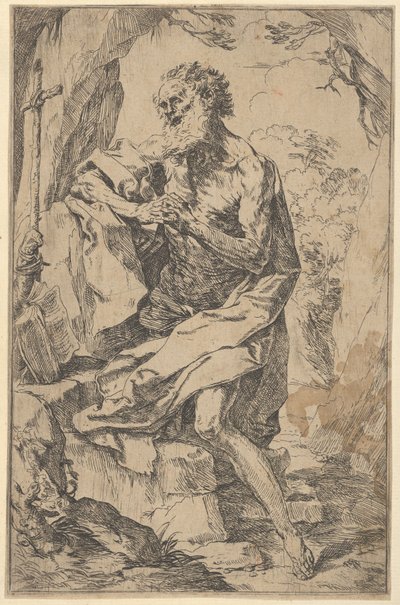 Sint Hiëronymus knielend op een rots voor een kruis en een open boek door Guido Reni
