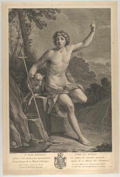 Sint Johannes de Doper in de woestijn, zittend op een rots en wijzend omhoog met zijn linkerhand door Guido Reni