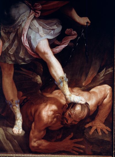 Sint-Michiel verplettert het hoofd van de demon (detail van de sandalen) door Guido Reni