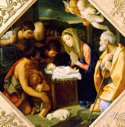De aanbidding van het Christuskind, ca. 1640 door Guido Reni