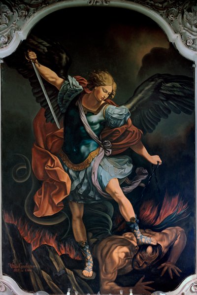 De Aartsengel Sint-Michael die de Draak verslaat, schilderij door V. M. De Girolamo (20e eeuw) naar Guido Reni. 1957 door Guido Reni