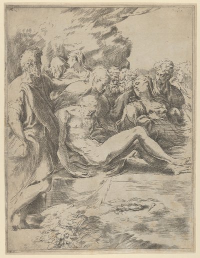 De graflegging, Christus met uitgestrekte benen, de Maagd aan de rechterkant door Guido Reni