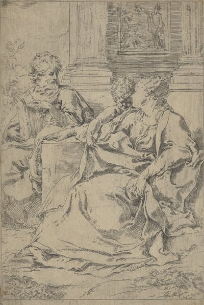 De Heilige Familie zittend samen voor een colonnade, Sint Jozef lezend door Guido Reni