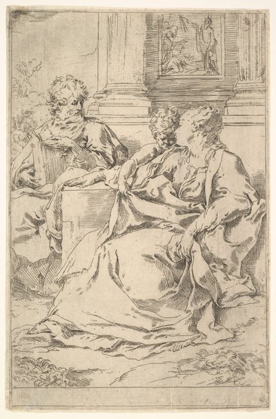 De Heilige Familie met Bijbels tafereel op de achtergrond door Guido Reni