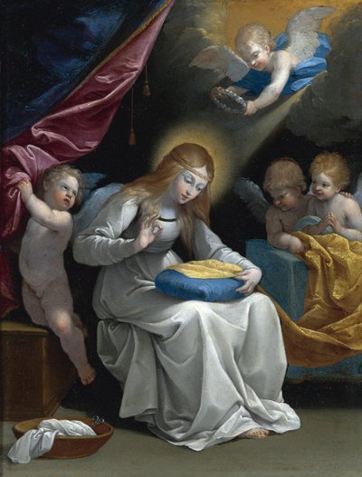 De Maagd die naait, vergezeld door vier engelen door Guido Reni