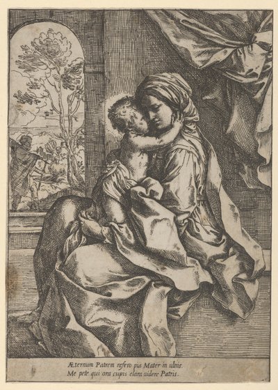 De Maagd zittend met het Christuskind op haar schoot die haar omhelst, Jozef gezien door..., ca. 1600-1613 door Guido Reni