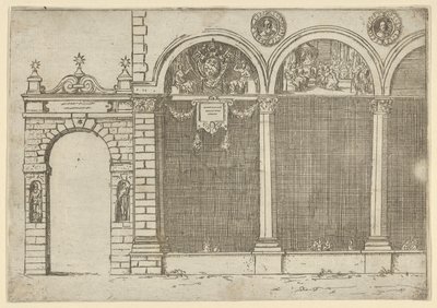 De arcade van het paleis van de Aartsbisschop van Bologna met tijdelijke decoraties voor de e..., 1598 door Guido Reni