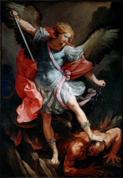 De aartsengel Sint Michael verplettert het hoofd van de demon Zijdeschilderij door Guido Reni, genaamd de Gids door Guido Reni