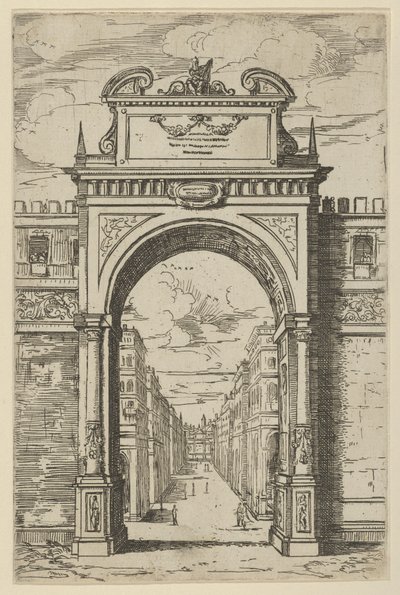 Triomfboog bekroond door een standbeeld van Mozes, gebouwen gezien door de boog hieronder, een t... door Guido Reni