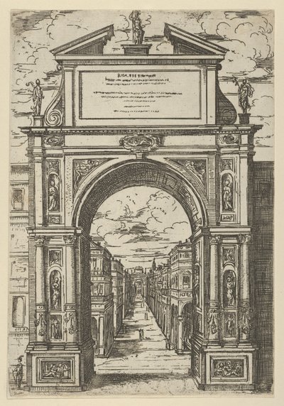 Triomfboog bekroond door een standbeeld dat de stad Bologna voorstelt, gebouwen gezien door door Guido Reni
