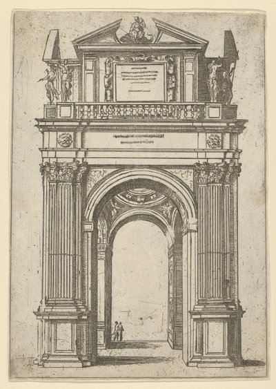 Triomfboog bekroond door een vrouw zittend op een dolfijn, vier staande figuren eronder, een tempel... door Guido Reni