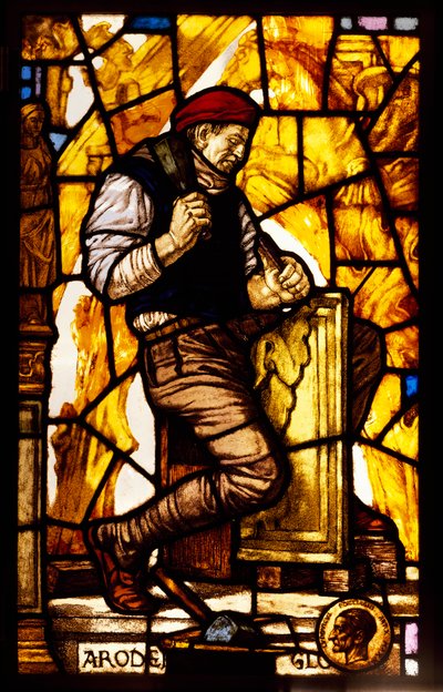 Paneel van een raam met een steenhouwer (glas-in-lood) door Guido Zuccaro