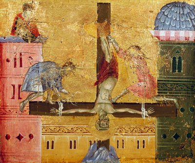 Kruisiging van Sint-Pieter, detail (Paliotto van Sint-Pieter op de Troon), door Guido da Siena, schilderij op hout door Guido da Siena