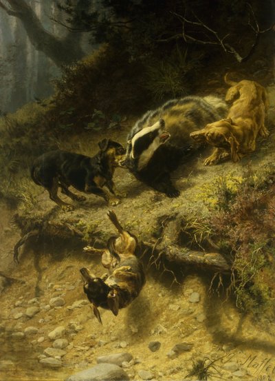 Teckels op een Das, 1882 door Guido von Maffei