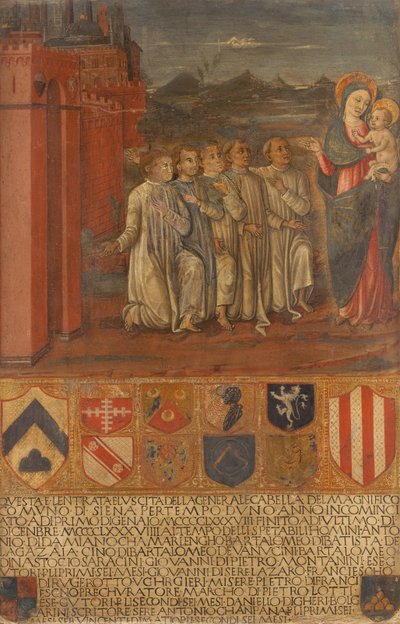 De kamerheer en zijn assistenten voor de Maagd door Guidoccio di Giovanno Cozzarelli