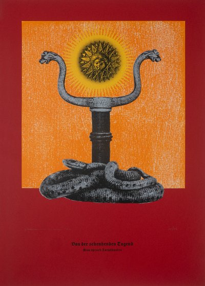 Over de geschenkgevende deugd, Aldus sprak Zarathustra, 2024 (houtsnede en zeefdruk) door Guilherme Pontes