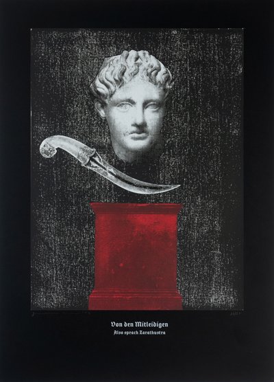 Over de meelijwekkende, Aldus sprak Zarathustra, 2024 (houtsnede en zeefdruk) door Guilherme Pontes