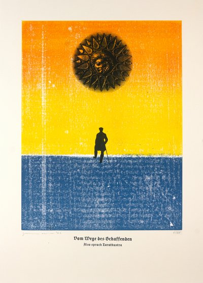Op de weg van de schepper, Aldus sprak Zarathustra, 2024 (houtsnede en zeefdruk) door Guilherme Pontes