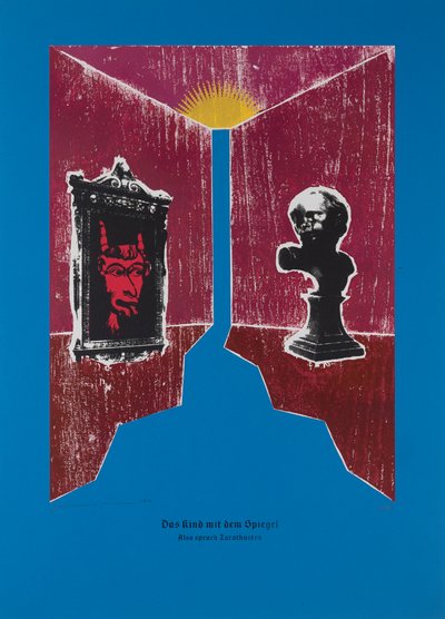 Het kind met de spiegel, Aldus sprak Zarathustra, 2024 (houtsnede en zeefdruk) door Guilherme Pontes