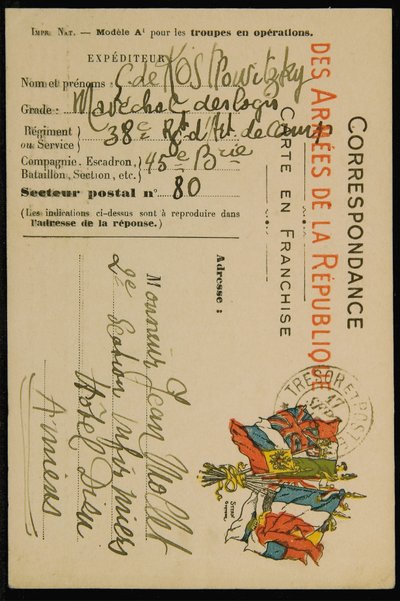 Handgeschreven ansichtkaart aan Jean Mollet, gedateerd 16 september 1915 door Guillaume Apollinaire