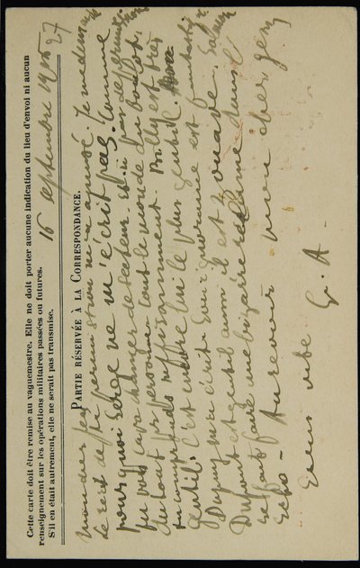 Handgeschreven ansichtkaart aan Jean Mollet, gedateerd 16 september 1915 door Guillaume Apollinaire