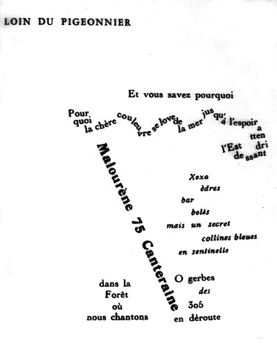 Calligram door Guillaume Apollinaire (1880-1918): “” Ver van de duiventil”” door Guillaume Apollinaire