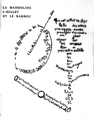 Calligram door Guillaume Apollinaire (1880-1918): “De mandoline, de anjer en de bamboe”” door Guillaume Apollinaire