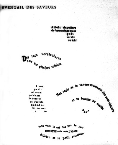 Calligram door Guillaume Apollinaire (1880-1918) die een gezicht afbeeldt: “De gebeurtenis van smaken”” door Guillaume Apollinaire