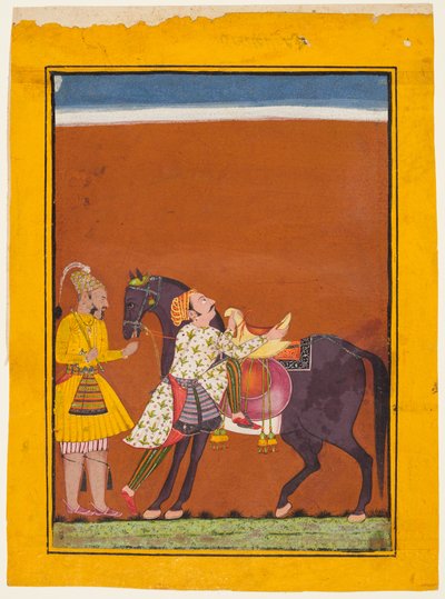 Een Krijger die een Gehouden Paard Beklimt: Saindhava Ragaputra van Shri, uit een Chamba Ragamala door Guillaume Benjamin Amand Duchenne (de Boulogne)
