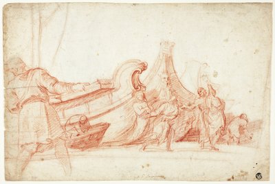 Dokscène (recto); Twee schetsen van mannelijke figuren (verso) door Guillaume Courtois