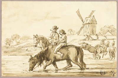 Paarden drenken bij windmolen door Guillaume Courtois