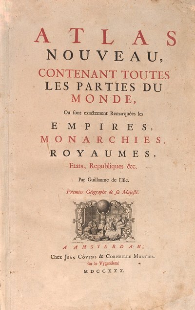 Atlas die de wereld draagt, in een geografiewinkel door Guillaume Delisle