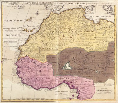 Kaart van Barbarije (Marokko, Algerije, Tunesië, Libië), Nigritude (Mali, Burkina Faso, Niger) en Guinee (Senegal, Guinee, Sierra Leone, Liberia, Ivoorkust, Ghana, Togo, Benin, Nigeria) (ets) door Guillaume Delisle