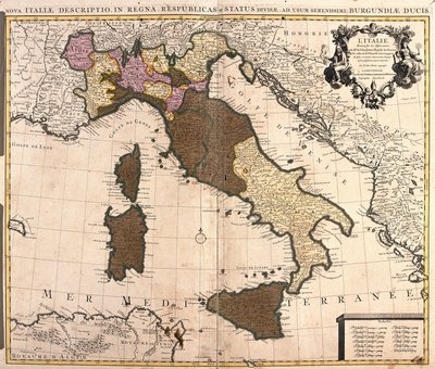 Kaart van Italië, met Corsica, Sardinië en Sicilië (ets) door Guillaume Delisle