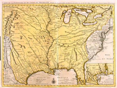 Kaart van Louisiana (VS) en de Mississippi-rivier (ets) door Guillaume Delisle